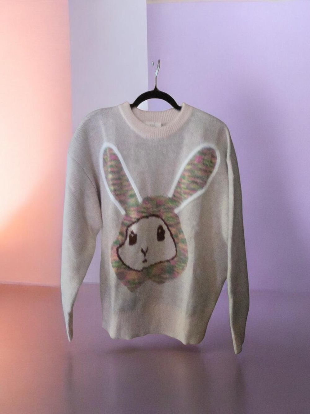 easel White Crewneck Sweater with Pastel Bunny Graphic
